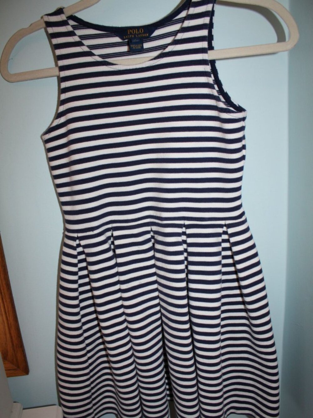 POLO RALPH LAUREN Size L 12-14 Blue White Striped Knit Pullover Pleated Dress